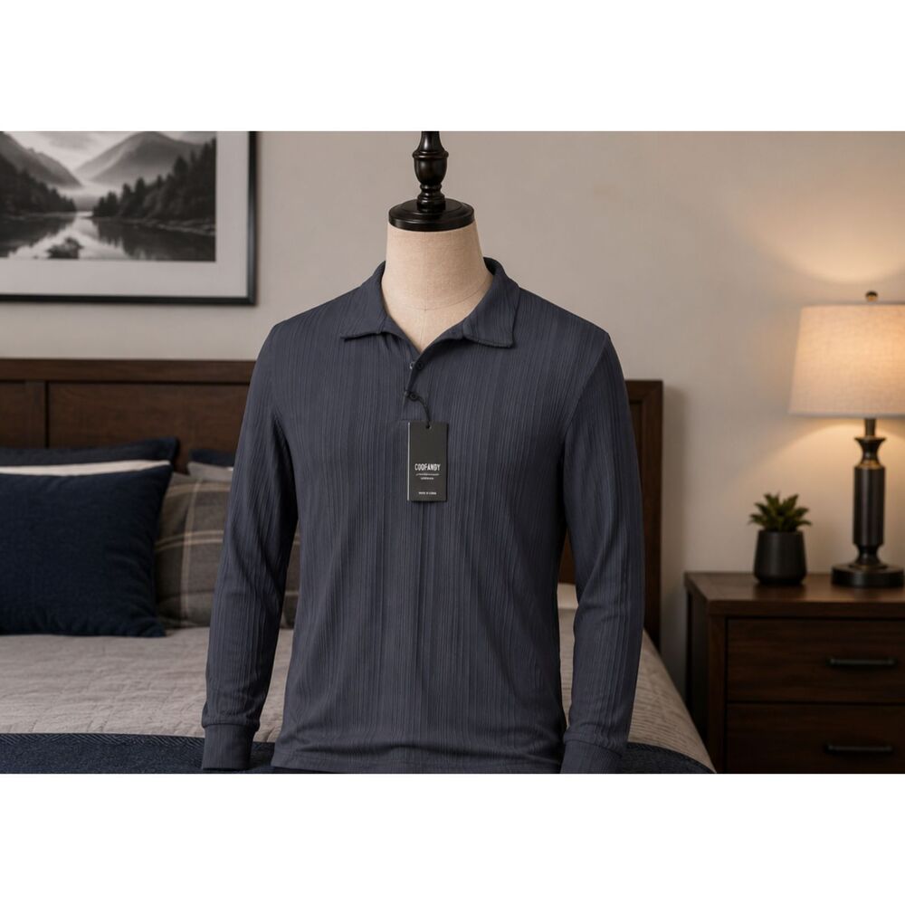 Men's Gray Ribbed Knit Long Sleeve Polo Shirt